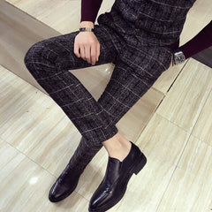 Mens Plaid Pants British Slim Fit