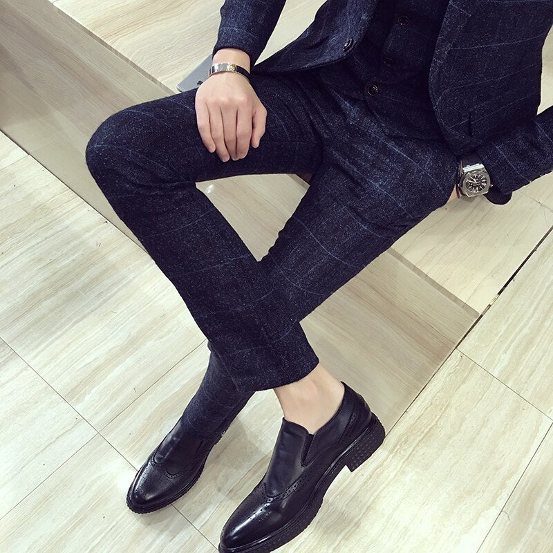 Mens Plaid Pants British Slim Fit