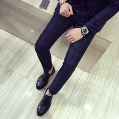 Mens Plaid Pants British Slim Fit