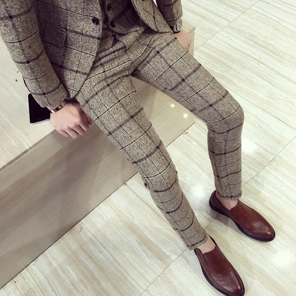 Mens Plaid Pants British Slim Fit